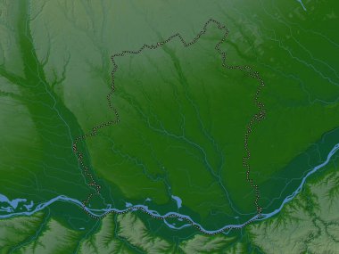 Teleorman, county of Romania. Colored elevation map with lakes and rivers