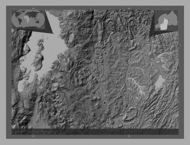 Amajyepfo, province of Rwanda. Bilevel elevation map with lakes and rivers. Locations of major cities of the region. Corner auxiliary location maps