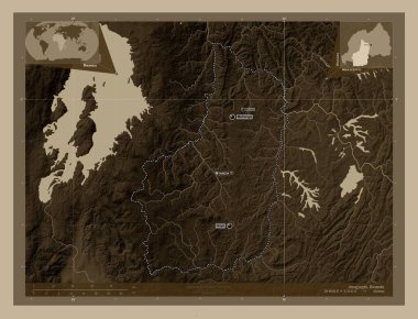 Amajyepfo, province of Rwanda. Elevation map colored in sepia tones with lakes and rivers. Locations and names of major cities of the region. Corner auxiliary location maps