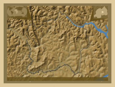 Umujyi wa Kigali, province of Rwanda. Colored elevation map with lakes and rivers. Corner auxiliary location maps