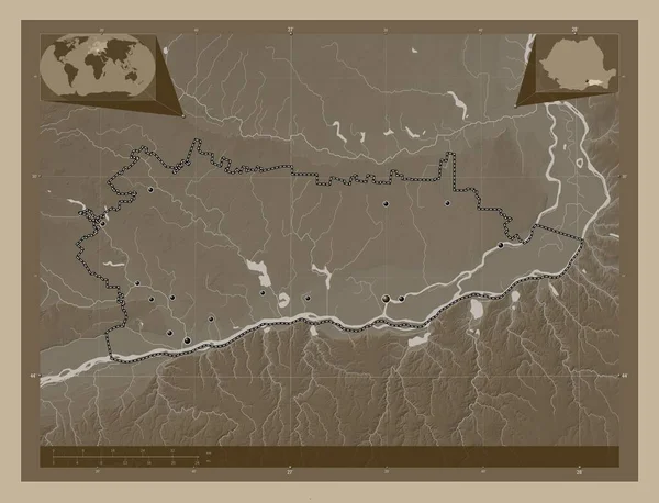 Calarasi County Romania Elevation Map Colored Sepia Tones Lakes Rivers — Stockfoto