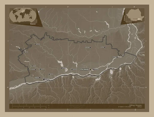 Calarasi County Romania Elevation Map Colored Sepia Tones Lakes Rivers — Stok fotoğraf