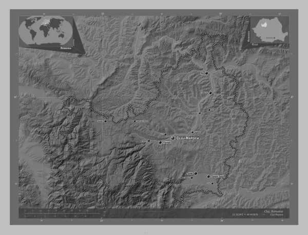 Cluj County Romania Grayscale Elevation Map Lakes Rivers Locations Names — Stock Photo, Image