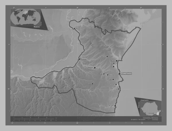 Constanta County Romania Grayscale Elevation Map Lakes Rivers Locations Names — Stockfoto