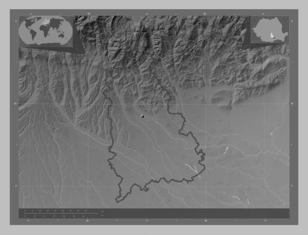 Dambovita County Romania Grayscale Elevation Map Lakes Rivers Corner Auxiliary — Stok fotoğraf