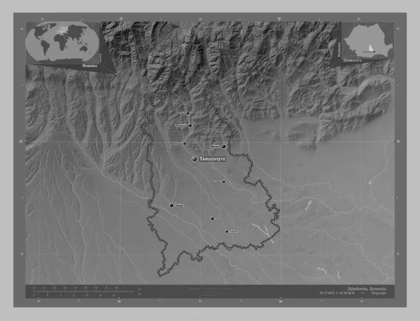 Dambovita County Romania Grayscale Elevation Map Lakes Rivers Locations Names — Stok fotoğraf