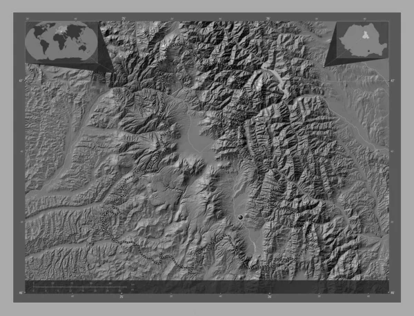 Harghita County Romania Bilevel Elevation Map Lakes Rivers Corner Auxiliary — Stock Photo, Image