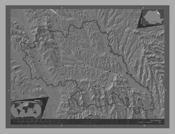 Iasi County Romania Bilevel Elevation Map Lakes Rivers Locations Names — Stock Photo, Image