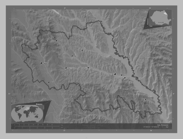 Iasi County Romania Grayscale Elevation Map Lakes Rivers Locations Names — Stock Photo, Image