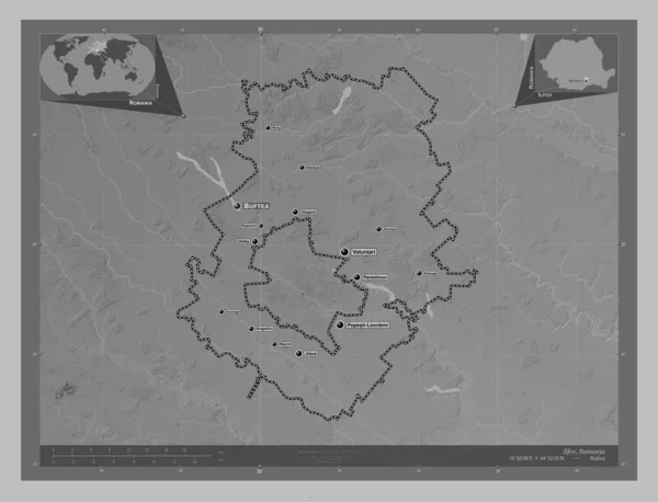 Ilfov County Romania Grayscale Elevation Map Lakes Rivers Locations Names — Stock Photo, Image