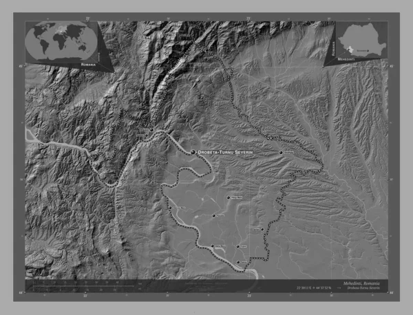 Mehedinti County Romania Bilevel Elevation Map Lakes Rivers Locations Names — Foto Stock