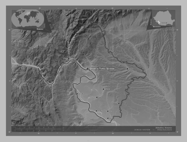 Mehedinti County Romania Grayscale Elevation Map Lakes Rivers Locations Names — Zdjęcie stockowe