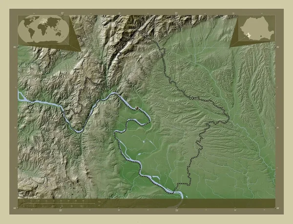 Mehedinti County Romania Elevation Map Colored Wiki Style Lakes Rivers — Stockfoto