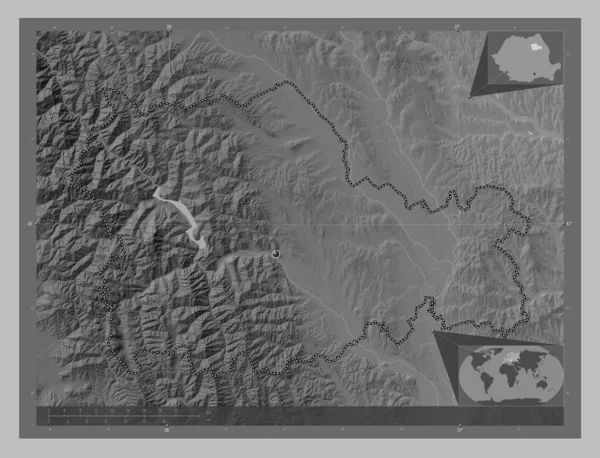Neamt County Romania Grayscale Elevation Map Lakes Rivers Corner Auxiliary — Stok fotoğraf
