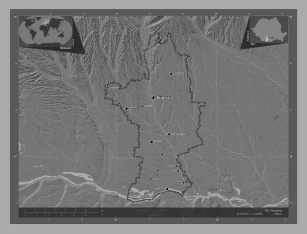 Olt County Romania Bilevel Elevation Map Lakes Rivers Locations Names —  Fotos de Stock