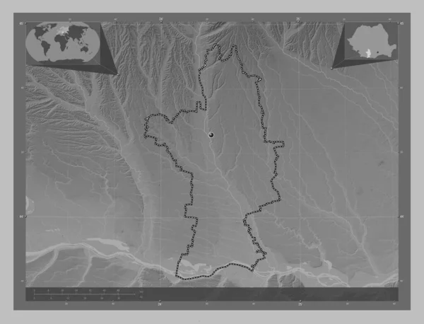 Olt County Romania Grayscale Elevation Map Lakes Rivers Corner Auxiliary —  Fotos de Stock