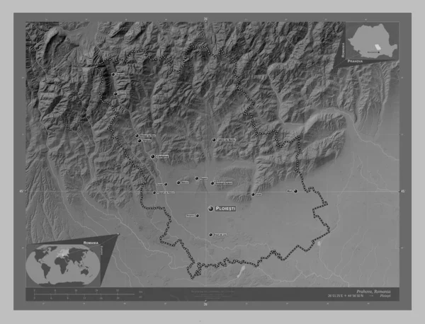 Prahova County Romania Grayscale Elevation Map Lakes Rivers Locations Names —  Fotos de Stock