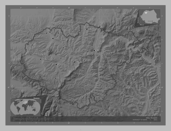 Salaj County Romania Grayscale Elevation Map Lakes Rivers Locations Names — Stockfoto