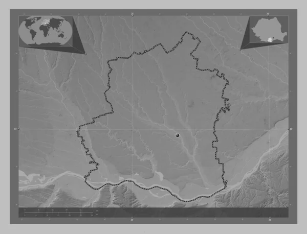 Teleorman County Romania Grayscale Elevation Map Lakes Rivers Corner Auxiliary — Foto Stock