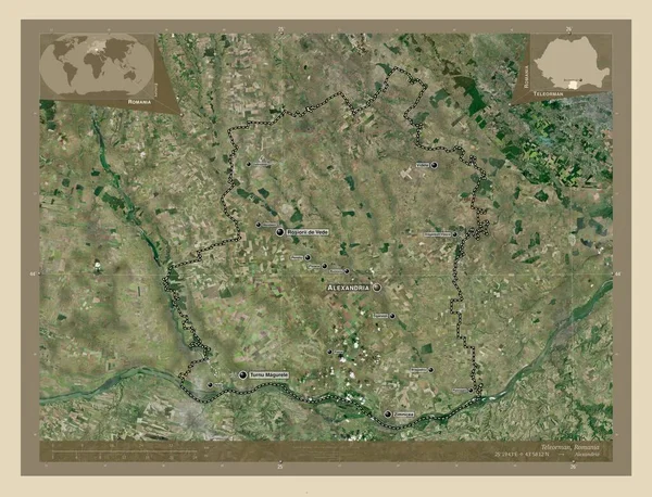 Teleorman County Romania High Resolution Satellite Map Locations Names Major — Foto Stock