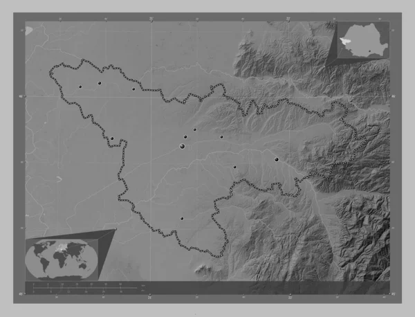 Timis County Romania Grayscale Elevation Map Lakes Rivers Locations Major — Φωτογραφία Αρχείου