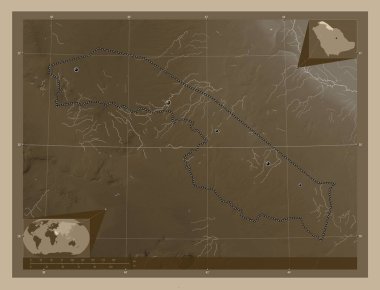 Al Hudud ash Shamaliyah, region of Saudi Arabia. Elevation map colored in sepia tones with lakes and rivers. Locations of major cities of the region. Corner auxiliary location maps