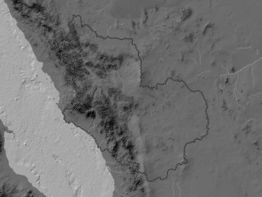 Al Madinah al Munawwarah, region of Saudi Arabia. Bilevel elevation map with lakes and rivers