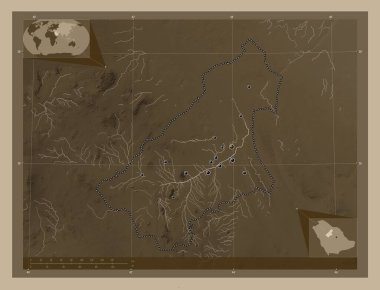 Al Qasim, region of Saudi Arabia. Elevation map colored in sepia tones with lakes and rivers. Locations of major cities of the region. Corner auxiliary location maps