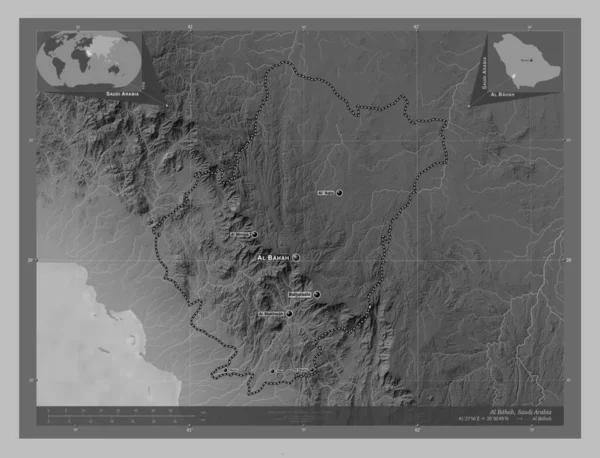 Bahah Region Saudi Arabia Grayscale Elevation Map Lakes Rivers Locations — Stock Photo, Image