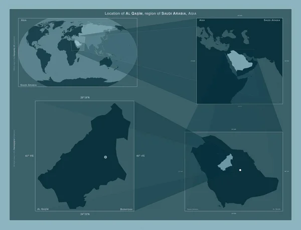 stock image Al Qasim, region of Saudi Arabia. Diagram showing the location of the region on larger-scale maps. Composition of vector frames and PNG shapes on a solid background