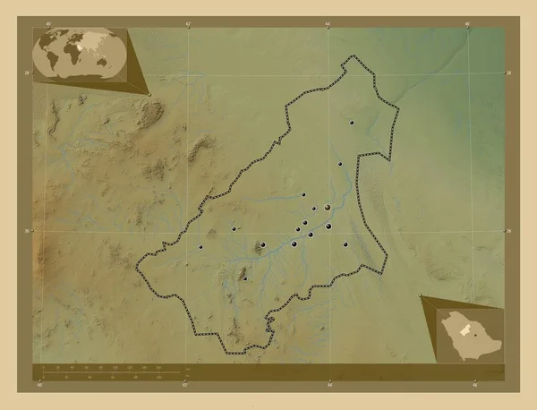 Qasim Regione Dell Arabia Saudita Mappa Elevazione Colorata Con Laghi — Foto Stock