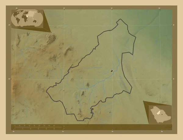 Qasim Region Saudi Arabia Colored Elevation Map Lakes Rivers Corner — Foto de Stock