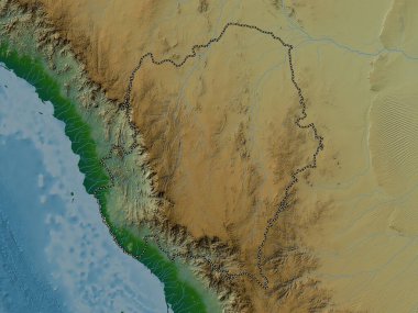 'Asir, region of Saudi Arabia. Colored elevation map with lakes and rivers