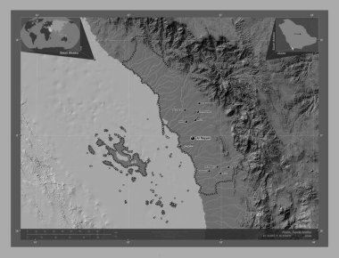 Jazan, region of Saudi Arabia. Bilevel elevation map with lakes and rivers. Locations and names of major cities of the region. Corner auxiliary location maps