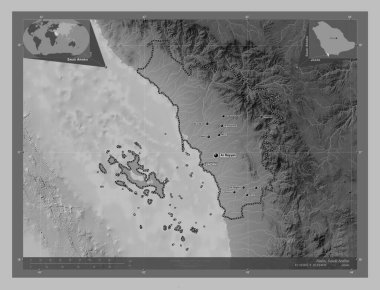 Jazan, region of Saudi Arabia. Grayscale elevation map with lakes and rivers. Locations and names of major cities of the region. Corner auxiliary location maps