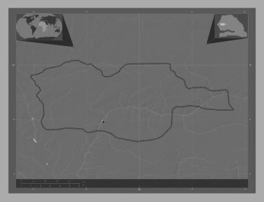 Diourbel, region of Senegal. Bilevel elevation map with lakes and rivers. Corner auxiliary location maps