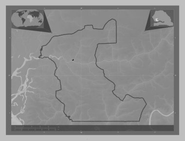 Kaolack, region of Senegal. Grayscale elevation map with lakes and rivers. Corner auxiliary location maps
