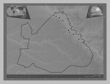 Matam, region of Senegal. Grayscale elevation map with lakes and rivers. Locations and names of major cities of the region. Corner auxiliary location maps