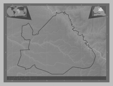 Matam, region of Senegal. Grayscale elevation map with lakes and rivers. Corner auxiliary location maps