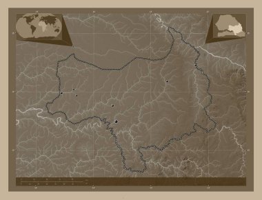 Tambacounda, region of Senegal. Elevation map colored in sepia tones with lakes and rivers. Locations of major cities of the region. Corner auxiliary location maps