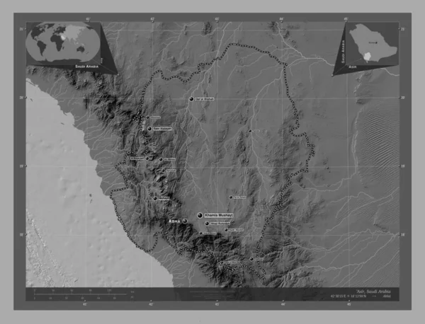 Asir 沙特阿拉伯地区 带湖泊和河流的比尔维尔高程图 该区域主要城市的地点和名称 角辅助位置图 — 图库照片