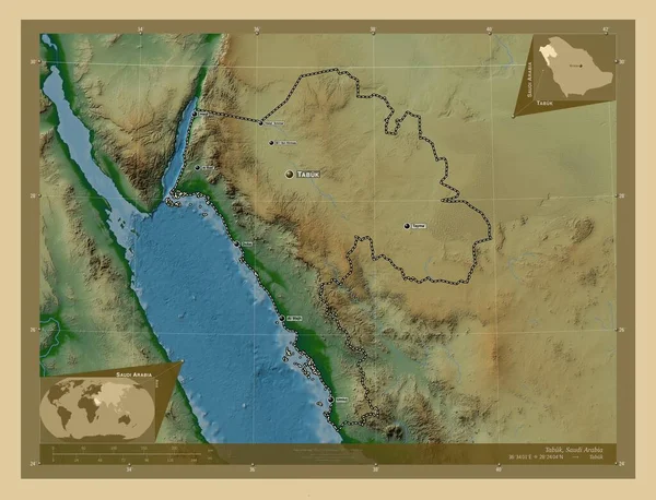 Tabuk Region Saudi Arabia Colored Elevation Map Lakes Rivers Locations — Stock Photo, Image