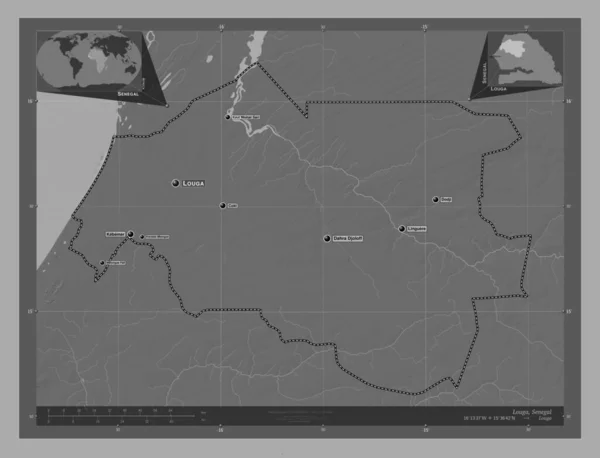 Louga Region Senegal Bilevel Elevation Map Lakes Rivers Locations Names — Stockfoto