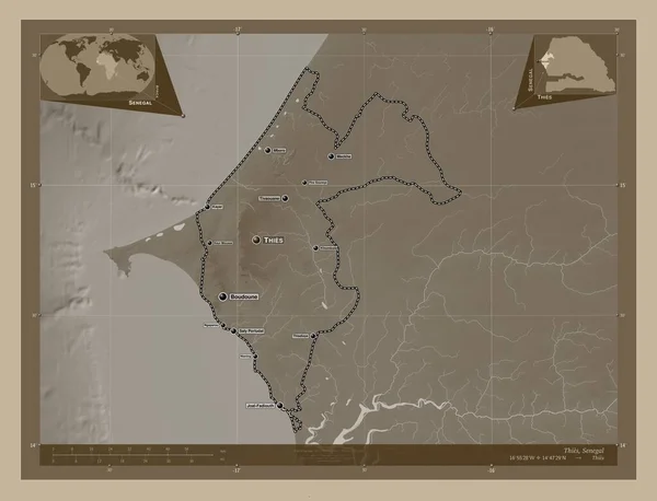 Thies Περιφέρεια Σενεγάλης Υψόμετρο Χάρτη Χρωματισμένο Τόνους Σέπια Λίμνες Και — Φωτογραφία Αρχείου