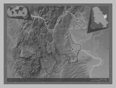 Borski, district of Serbia. Grayscale elevation map with lakes and rivers. Locations and names of major cities of the region. Corner auxiliary location maps