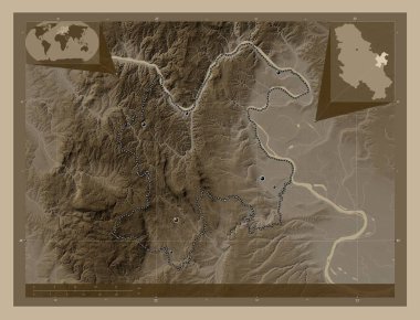 Borski, district of Serbia. Elevation map colored in sepia tones with lakes and rivers. Locations of major cities of the region. Corner auxiliary location maps