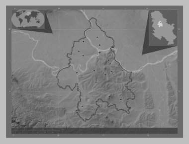 Grad Beograd, city of Serbia. Grayscale elevation map with lakes and rivers. Locations of major cities of the region. Corner auxiliary location maps