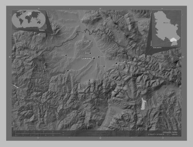 Jablanicki, district of Serbia. Grayscale elevation map with lakes and rivers. Locations and names of major cities of the region. Corner auxiliary location maps