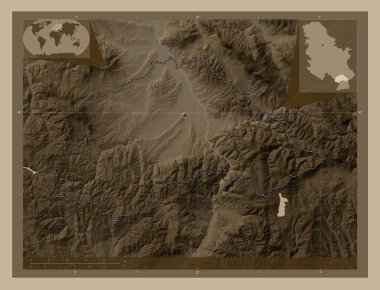Jablanicki, district of Serbia. Elevation map colored in sepia tones with lakes and rivers. Corner auxiliary location maps