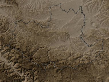 Kolubarski, district of Serbia. Elevation map colored in sepia tones with lakes and rivers